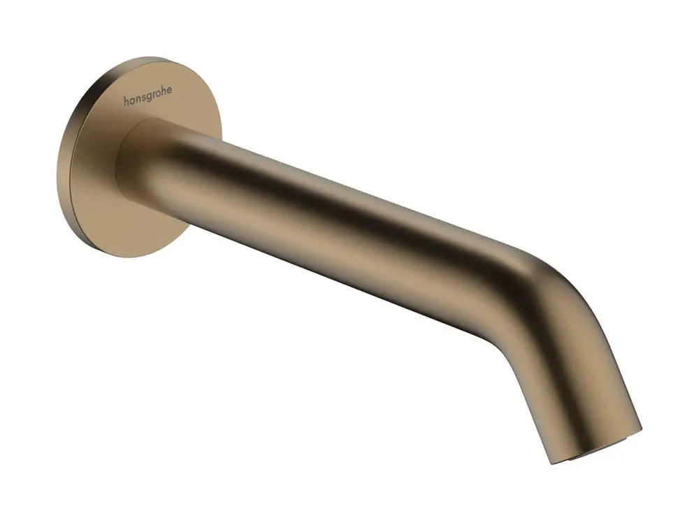 Wannenarmatur von Hansgrohe in gebürstetem Bronze-Finish, mit geschwungenem Auslauf und runder Wandbefestigung, designed für Wandinstallation.